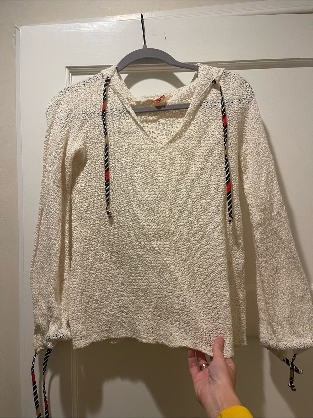 Vintage Cream Knit Hoodie with Black & Red Drawstrings